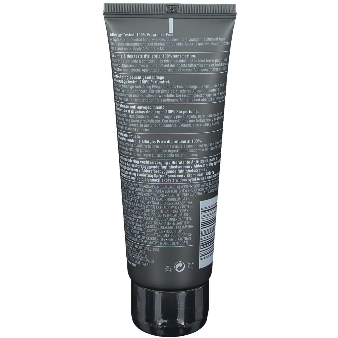 Donkergrijze tube. Tekst: Getest op allergieën, 100% parfumvrij. Anti-aging moisturizer. Streepjescode.