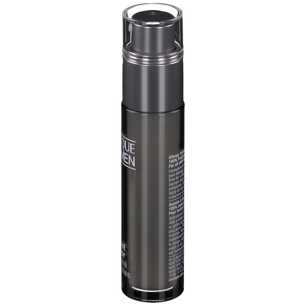 Donkergrijze fles met CLINIQUE FOR MEN. Transparante dop. Tekst op de zijkant.