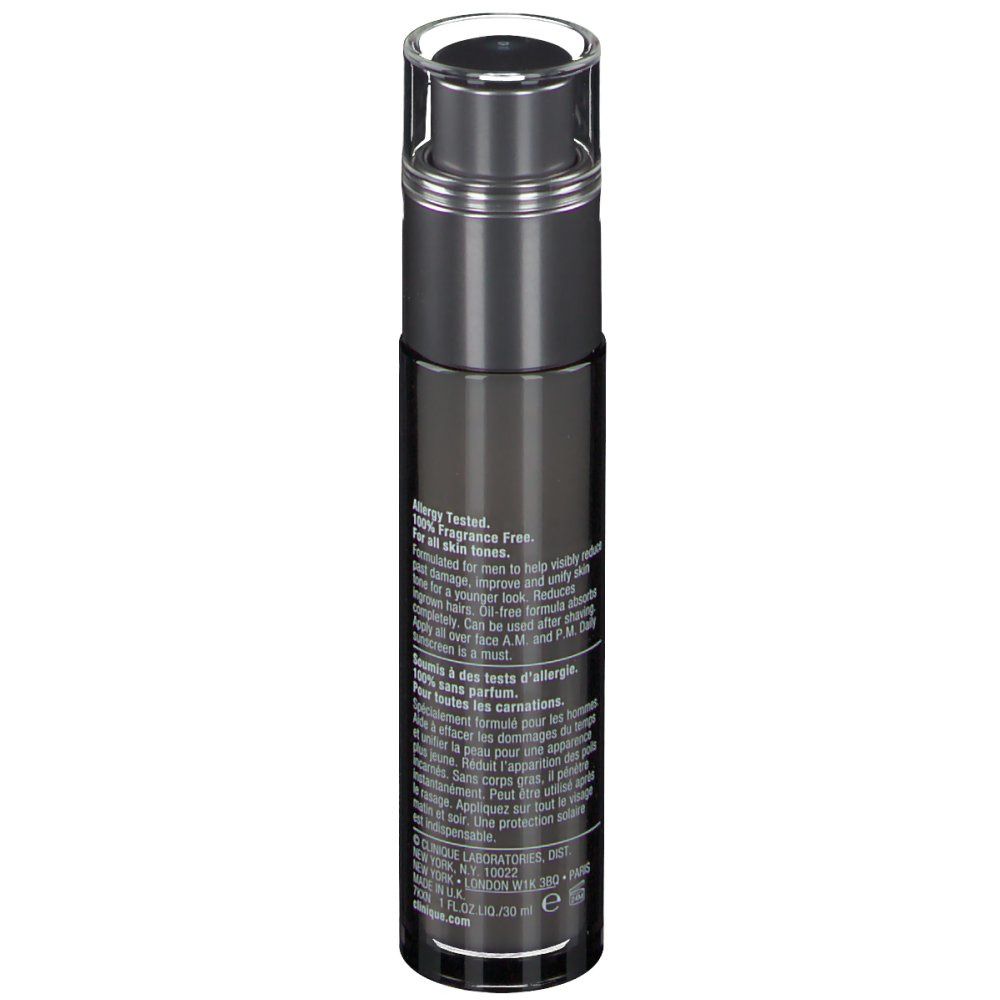 Donkergrijze fles met CLINIQUE FOR MEN. Transparante dop. Tekst op de zijkant.