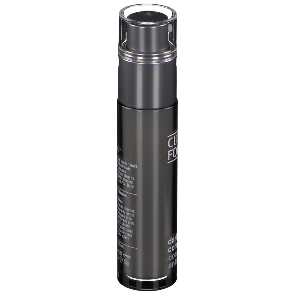 Donkergrijze fles met CLINIQUE FOR MEN. Transparante dop. Tekst op de zijkant.