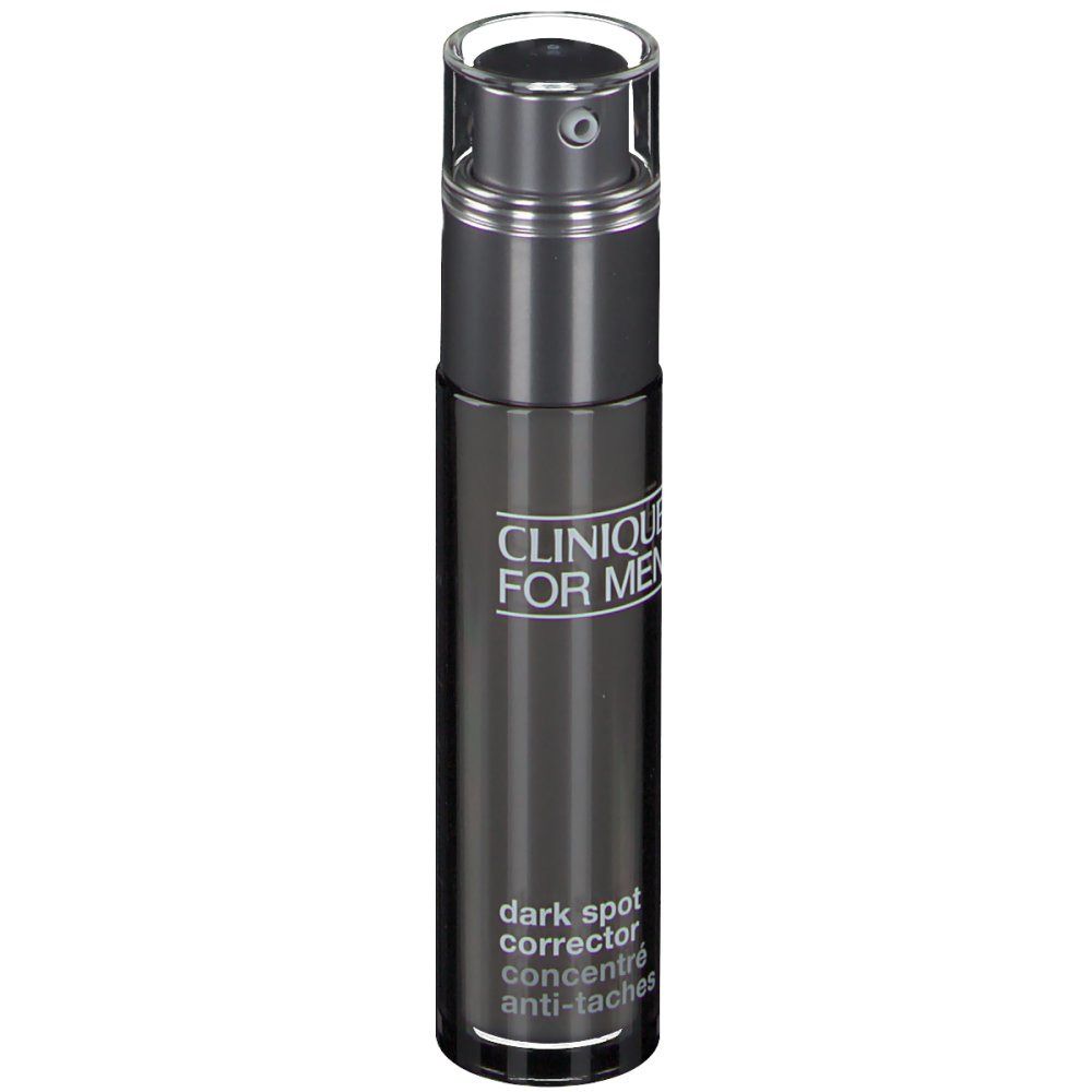 Donkergrijze fles met CLINIQUE FOR MEN. Transparante dop. Tekst op de zijkant.