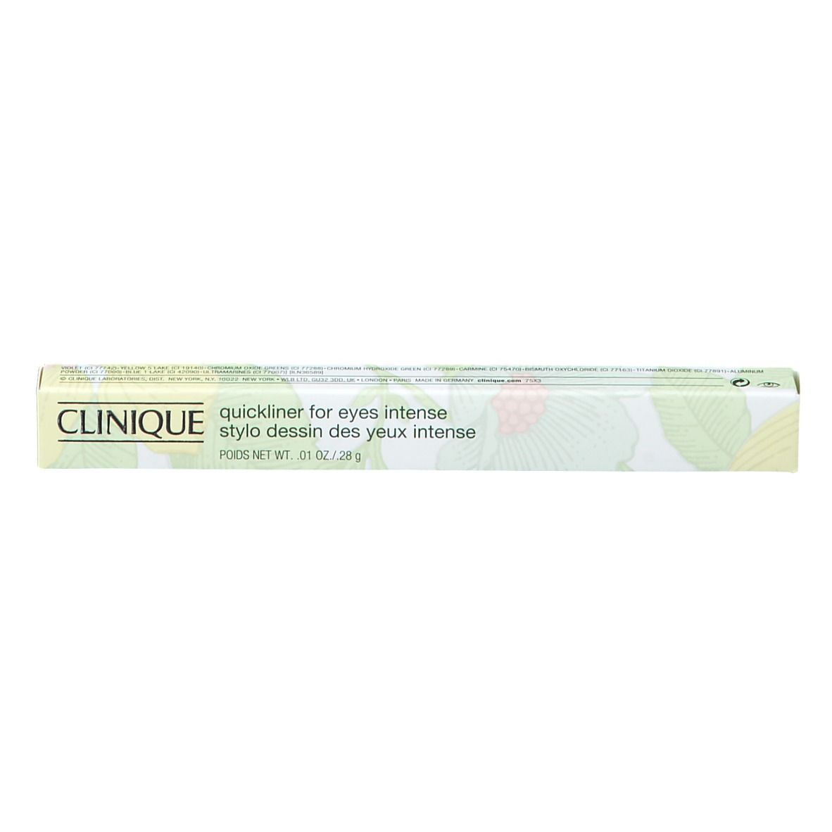 Emballage vert clair avec texte CLINIQUE et informations sur le produit. Motif floral.