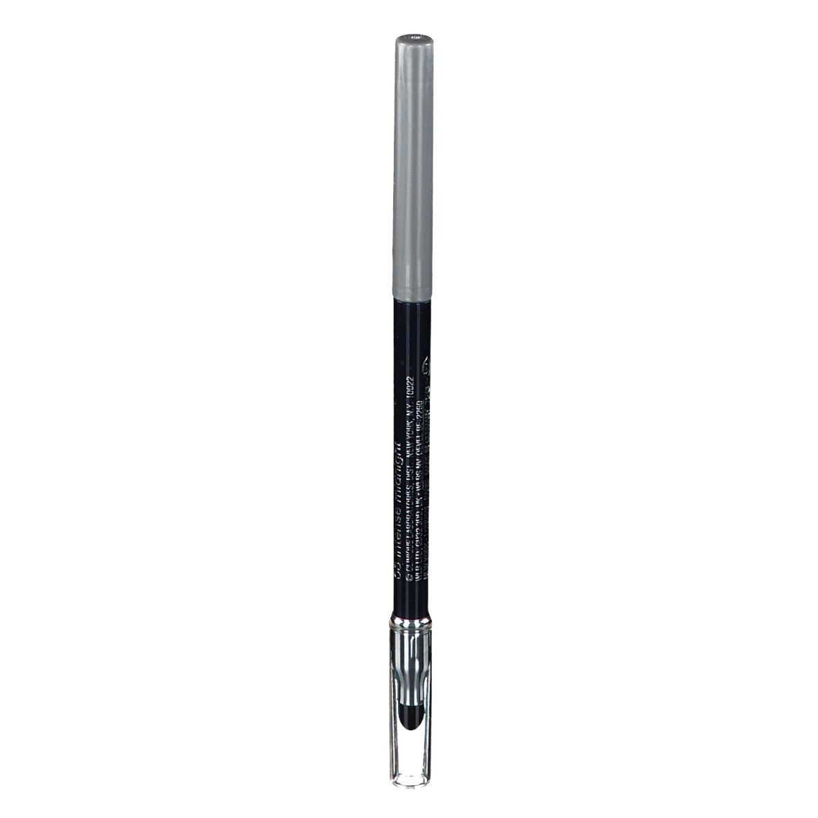 Crayon eyeliner noir avec capuchon argenté et applicateur transparent. Texte: CLINIQUE Quickliner for Eyes Intense.