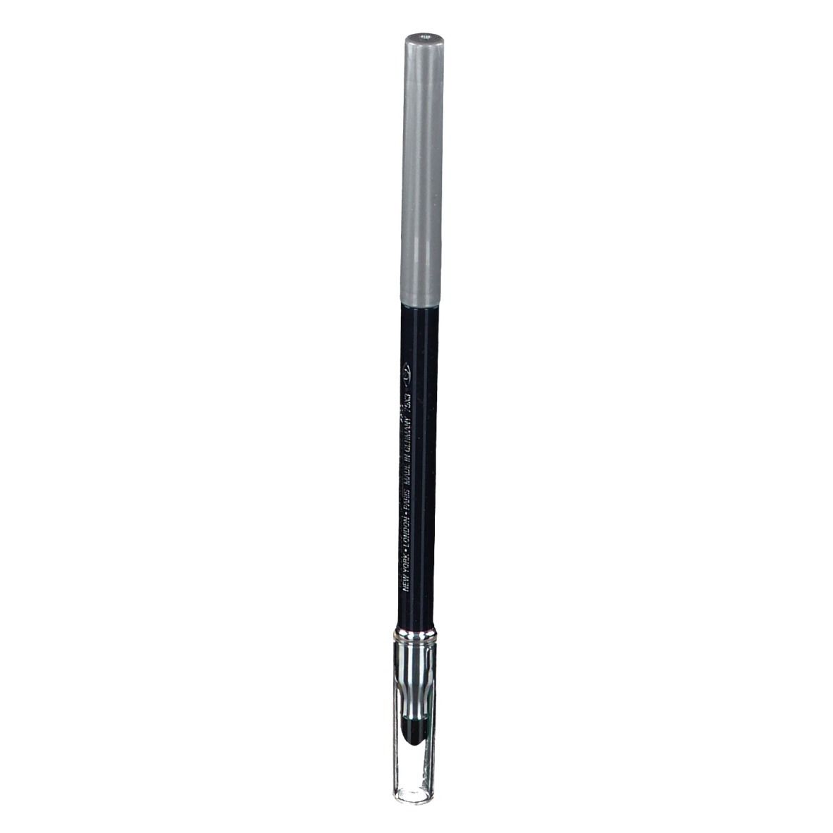 Crayon eyeliner noir avec capuchon argenté et applicateur transparent. Texte: CLINIQUE Quickliner for Eyes Intense.