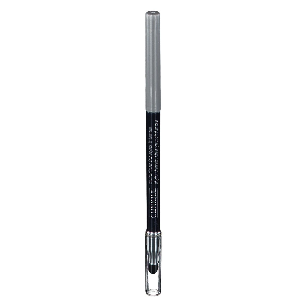 Crayon eyeliner noir avec capuchon argenté et applicateur transparent. Texte: CLINIQUE Quickliner for Eyes Intense.