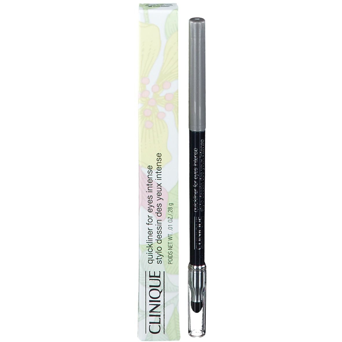 Crayon eyeliner et emballage. Emballage: blanc avec motif vert. Texte: CLINIQUE Quickliner for Eyes Intense.