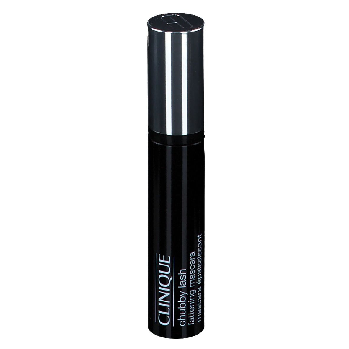 Tube de mascara noir avec bouchon argenté. Inscription: CLINIQUE chubby lash fattening mascara.