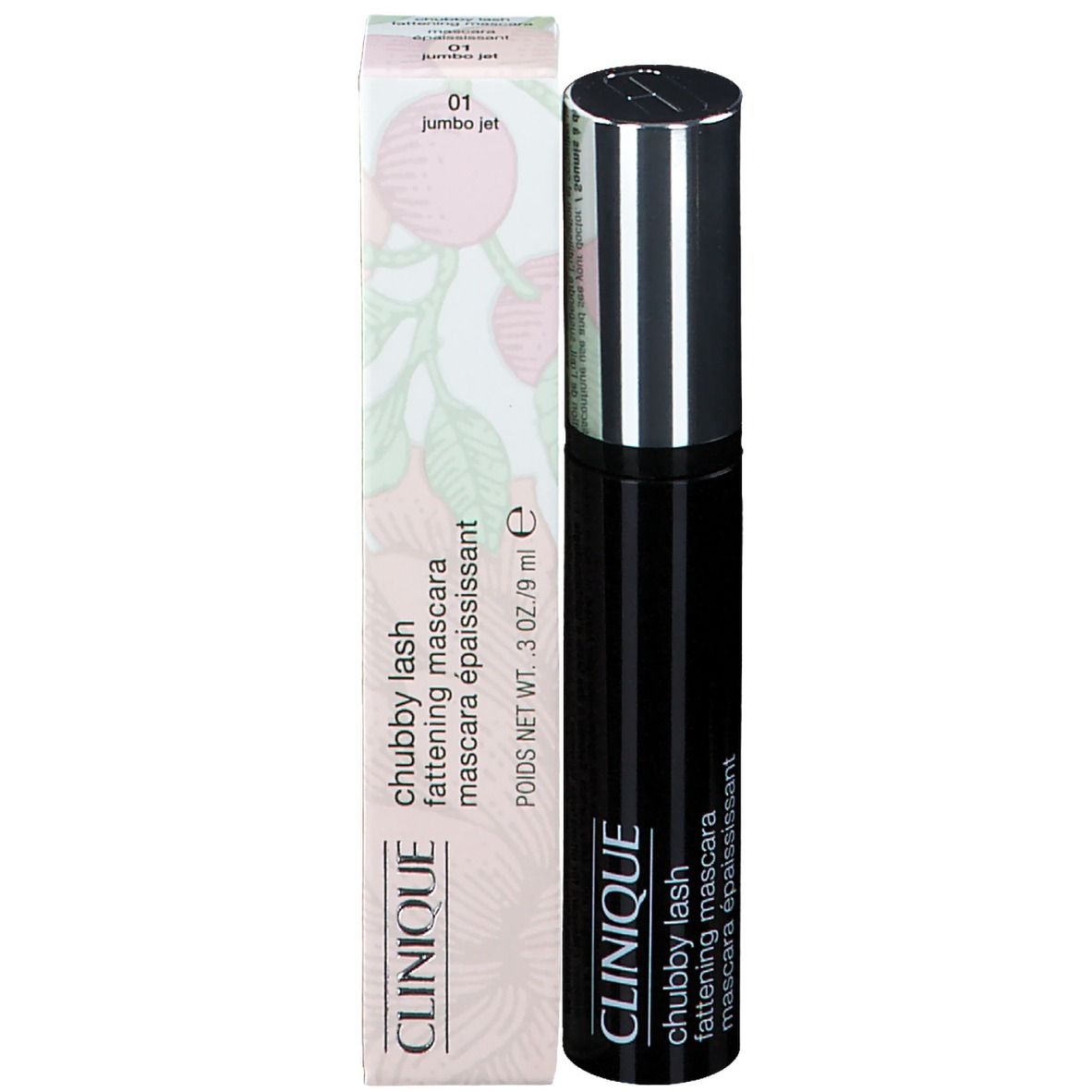 Mascara avec emballage. Tube noir, bouchon argenté. Emballage: rose, blanc, avec texte et illustration.