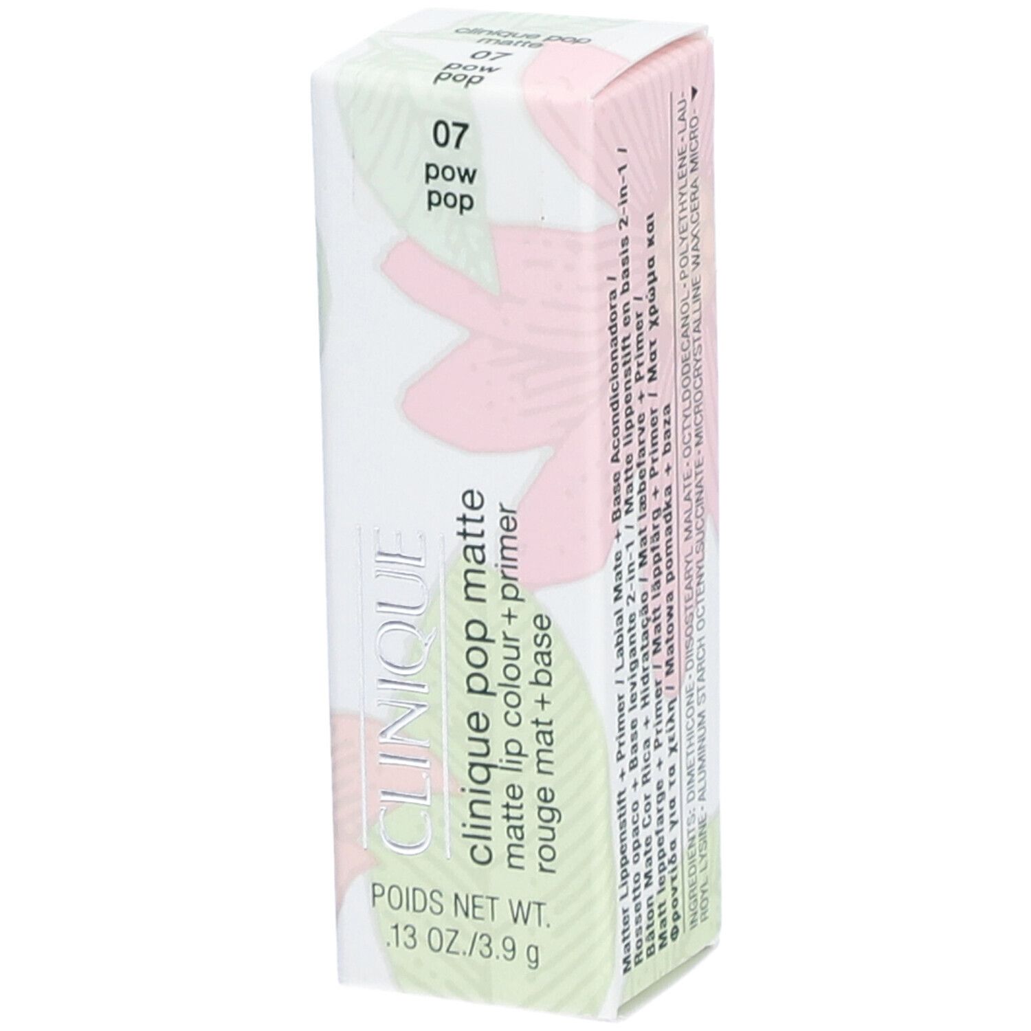 Emballage CLINIQUE Pop Matte Lip Colour. Design blanc, rose et vert. Nom du produit et poids visibles.