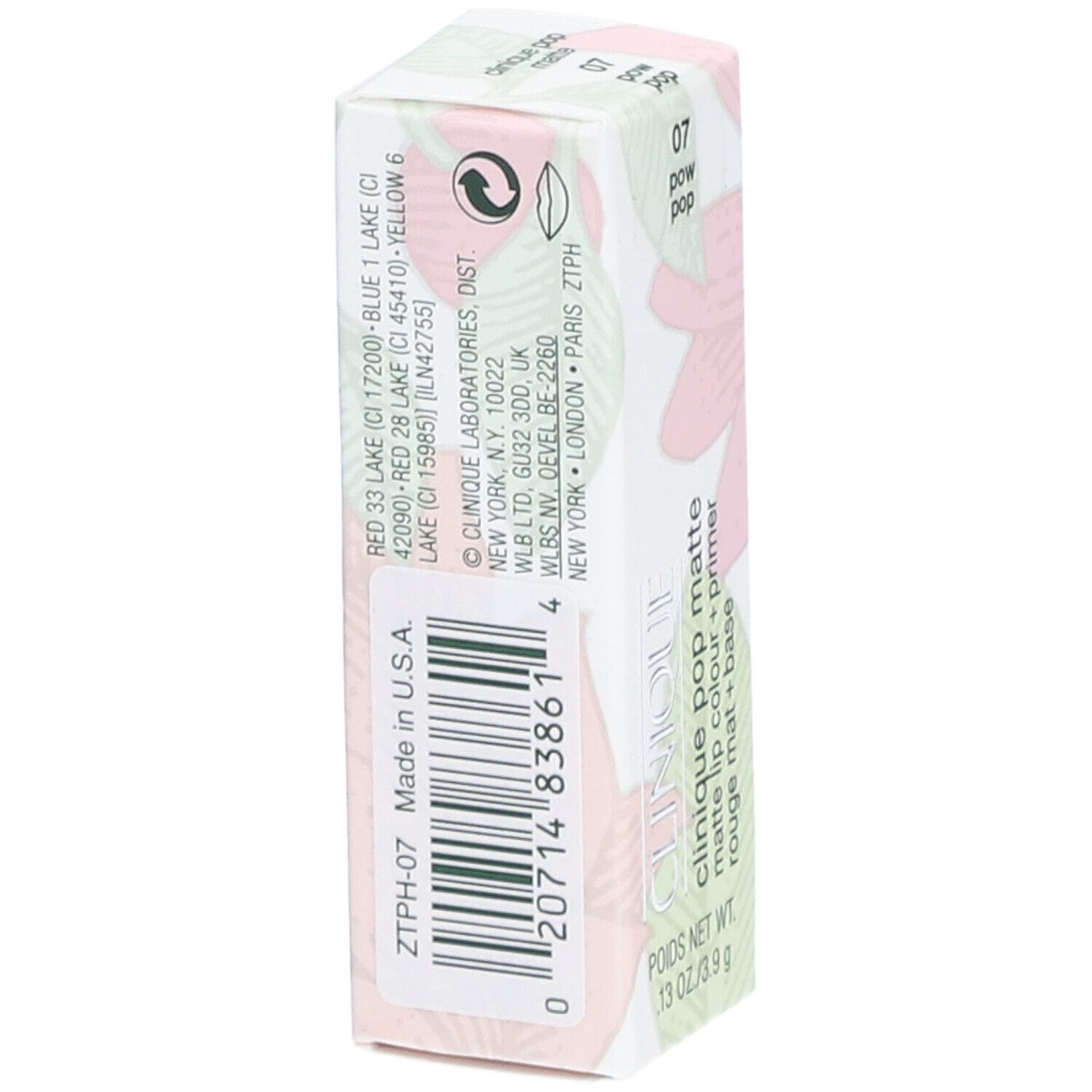Dos de l'emballage CLINIQUE Pop Matte Lip Colour. Code-barres et ingrédients visibles.
