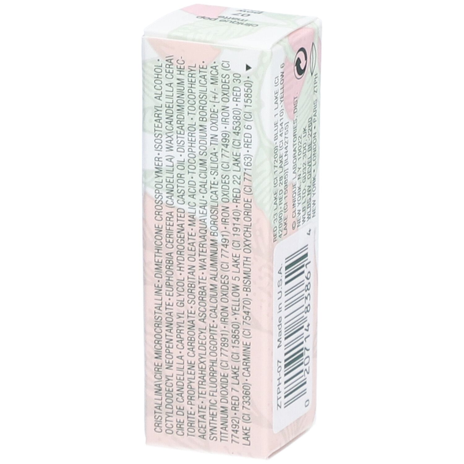 Côté de l'emballage CLINIQUE Pop Matte Lip Colour. Ingrédients et informations de production visibles.