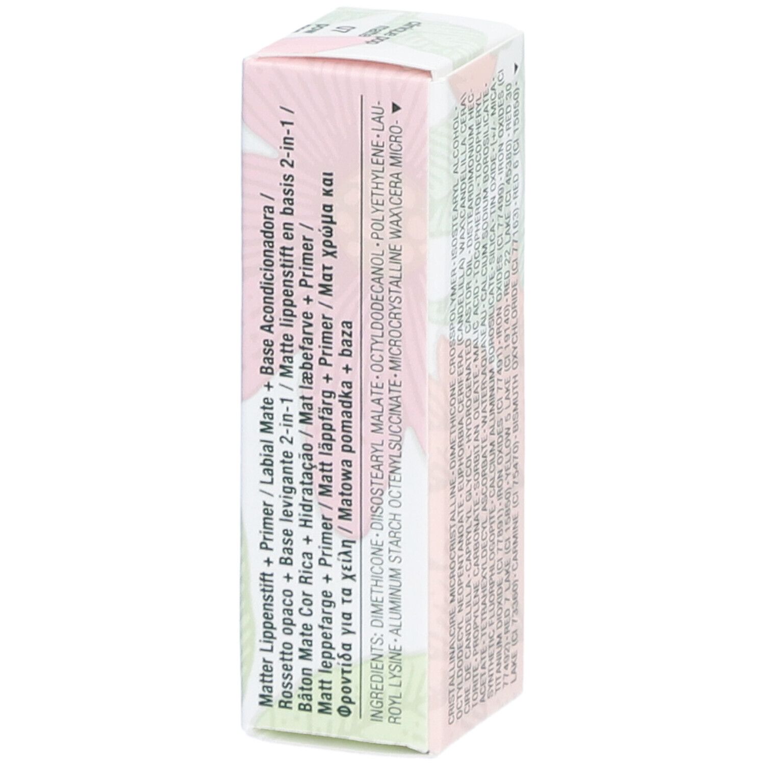 Côté de l'emballage CLINIQUE Pop Matte Lip Colour. Informations sur le produit et ingrédients visibles.