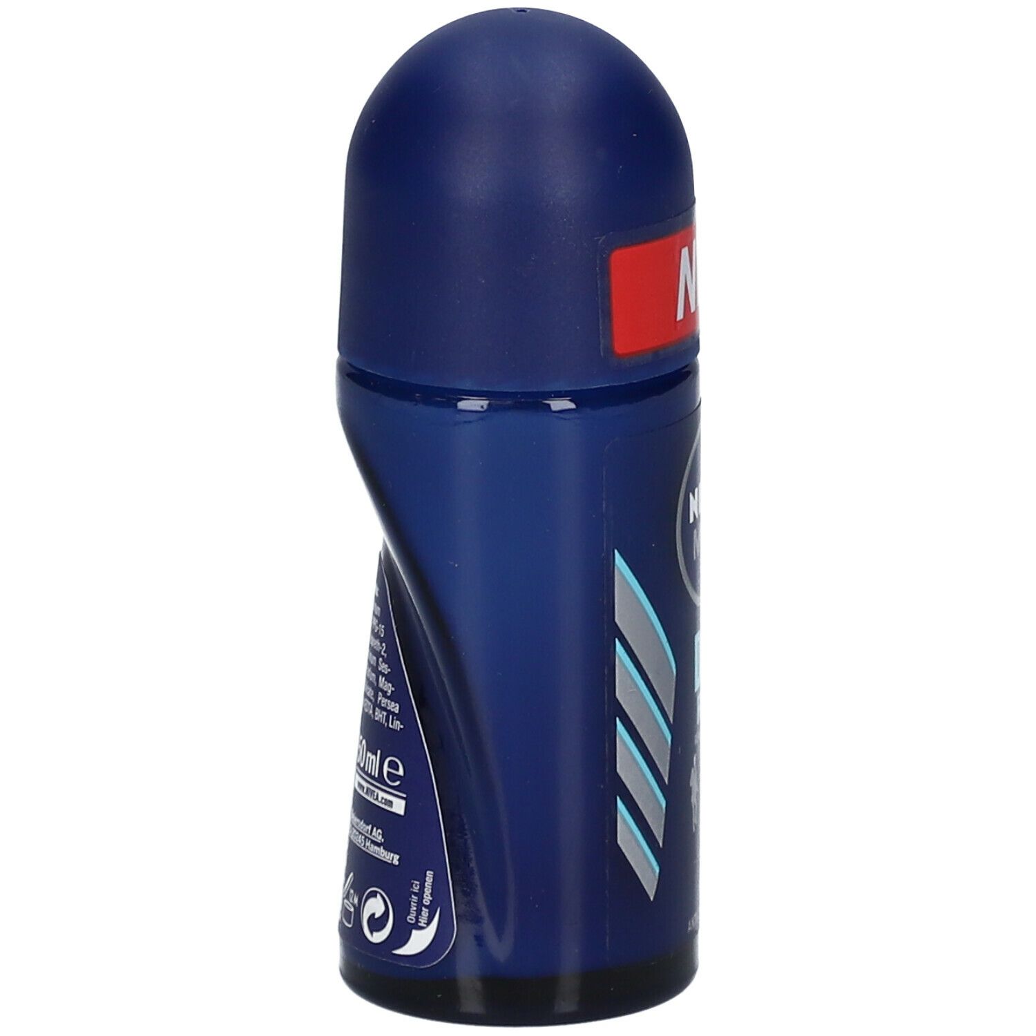 Déodorant roll-on bleu, vue latérale. Inscription : NIVEA MEN, DRY FRESH. Bandes bleues et argentées. Autocollant rouge "NEW".