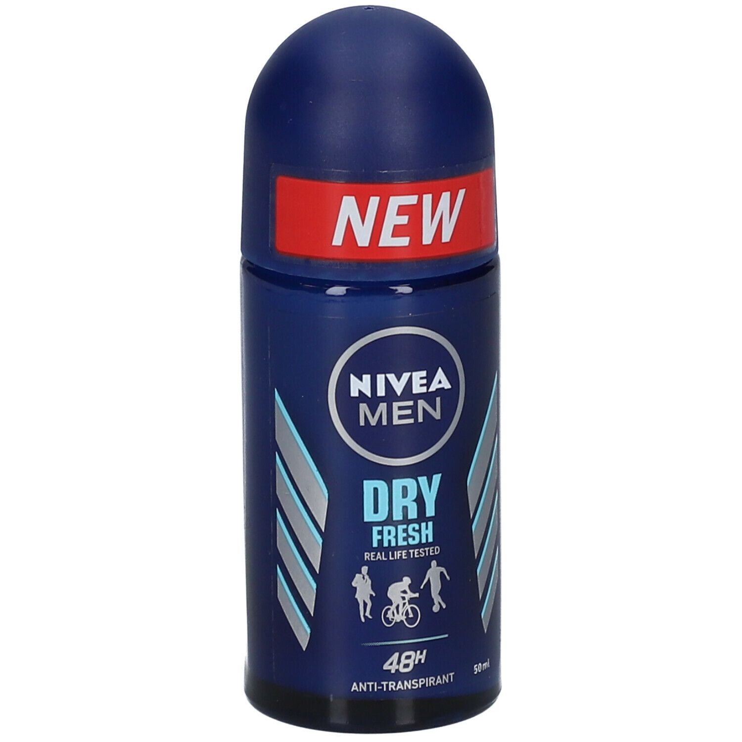 Déodorant roll-on bleu avec texte blanc. Inscription : NIVEA MEN, DRY FRESH, 48H Anti-transpirant. Autocollant rouge "NEW".