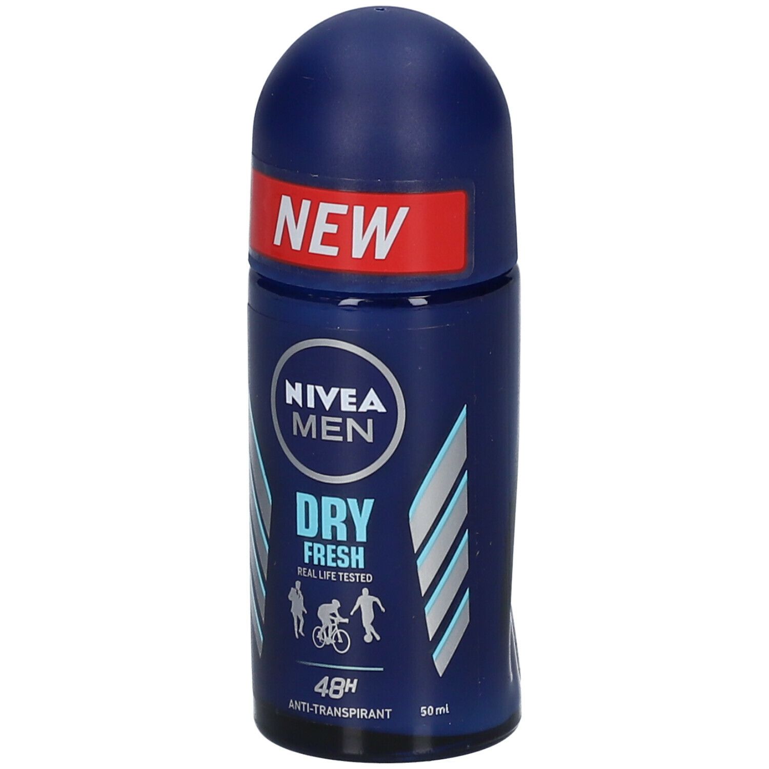 Déodorant roll-on bleu avec texte blanc. Inscription : NIVEA MEN, DRY FRESH, 48H Anti-transpirant. Autocollant rouge "NEW".