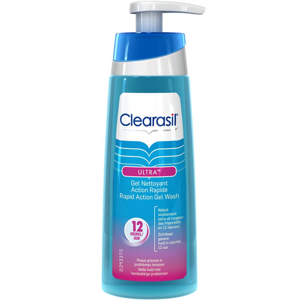 Gel nettoyant avec pompe doseuse. Inscription Clearasil Ultra. Étiquettes roses avec informations produit.