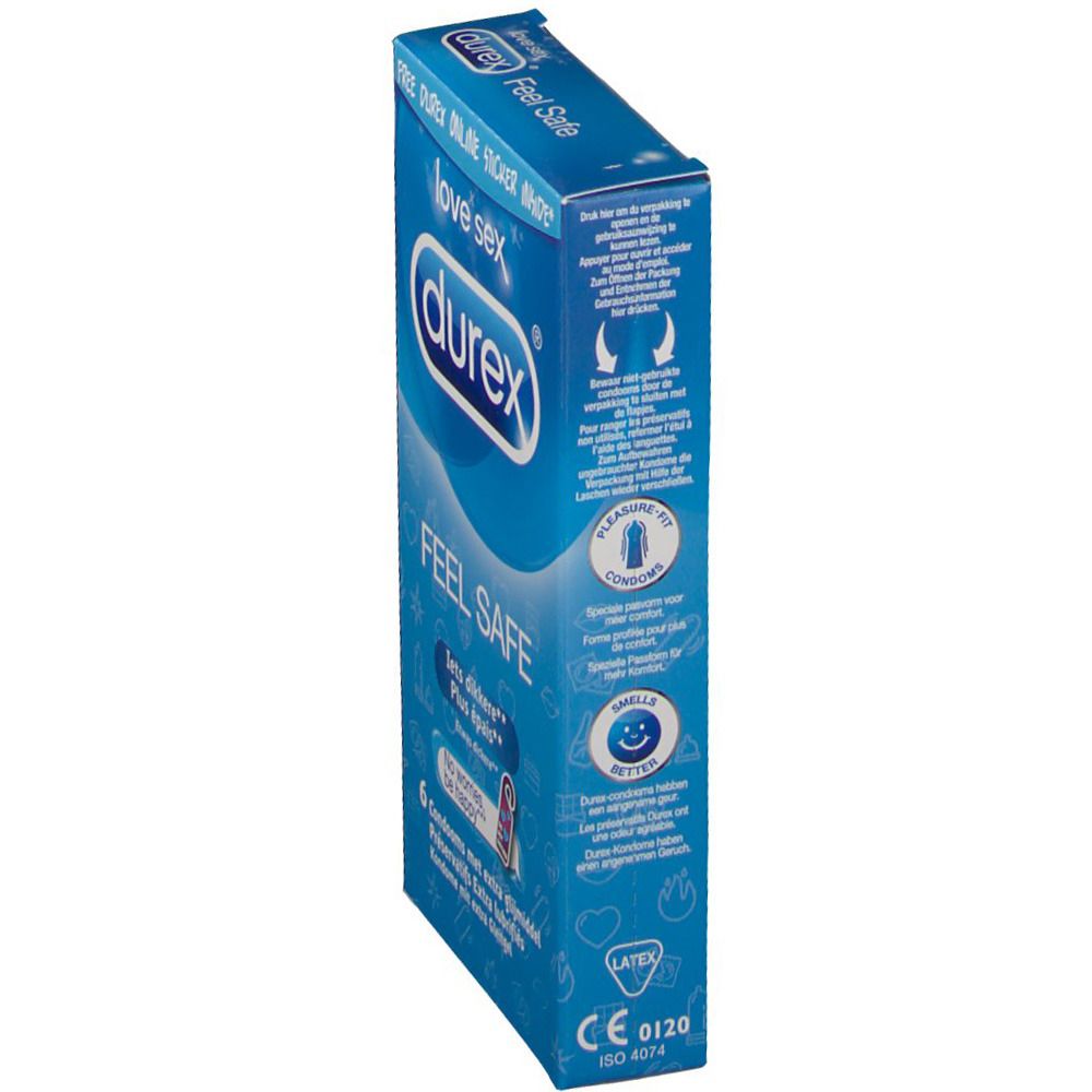 Zijaanzicht blauwe Durex verpakking "Feel Safe". "love sex" en 6 condooms. CE-markering.