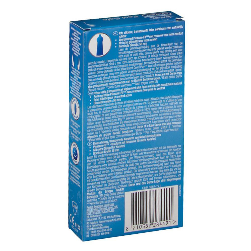 Achterkant blauwe Durex verpakking. Meertalige tekst. Informatie over condooms en CE-markering.