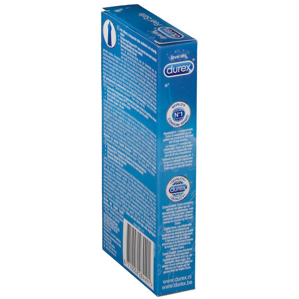 Zijaanzicht blauwe Durex verpakking. Tekst en barcode. Informatie over condooms en CE-markering.