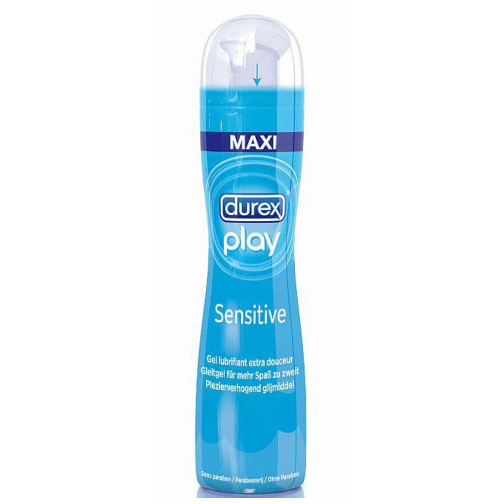 Blauwe, transparante fles met witte dop. Opschrift: durex play Sensitive Gel. Pijlsymbool.