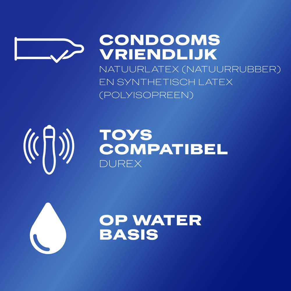 Blauwe fles. Opschrift: Durex Sensitive, 100ml. Gel voor meer plezier.