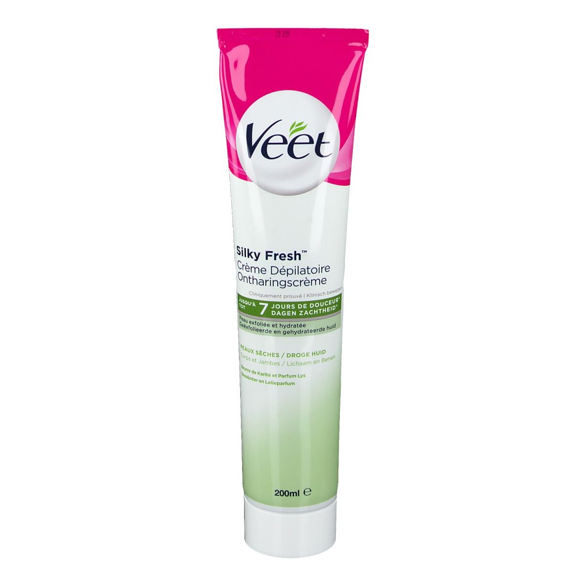 Veet Silky Fresh crème tube met roze dop. Witte en groene achtergrond. Tekst in het Frans en Engels.