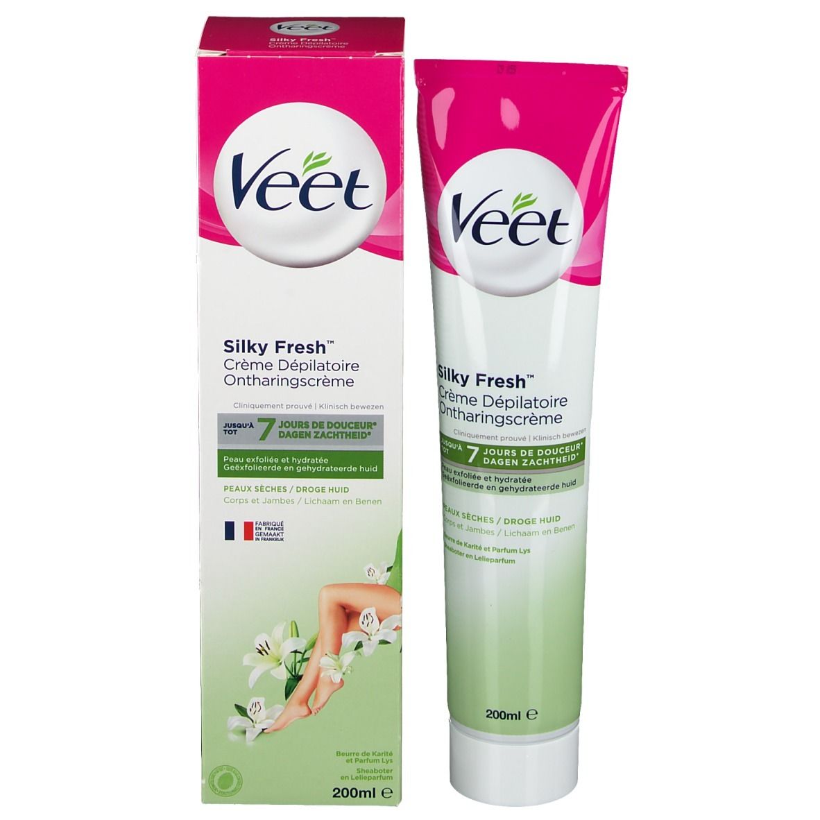 Productverpakking met tube. Veet Silky Fresh crème. Roze en witte verpakking. Tube en doos naast elkaar.