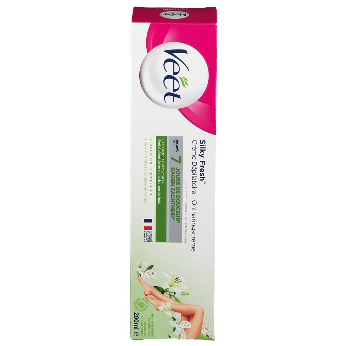 Productverpakking. Veet Silky Fresh crème. Roze en witte verpakking. Voorkant met productafbeelding en tekst.