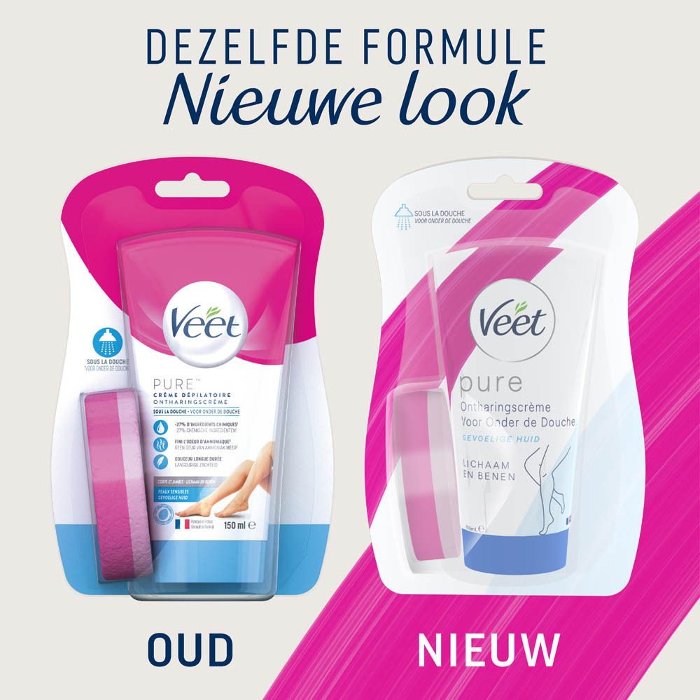 Vergelijking van oude en nieuwe Veet Pure verpakking. Beide tonen tube en spons.