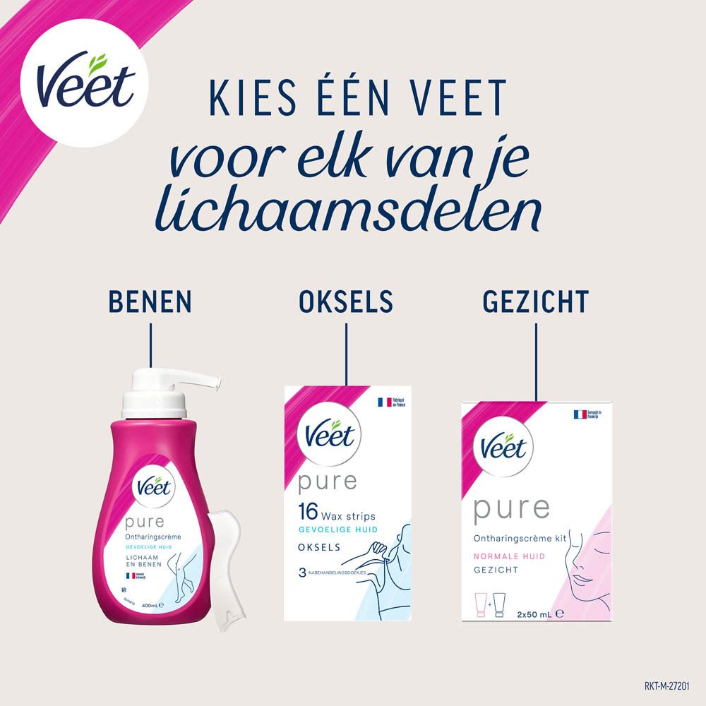 Veet productselectie: beencrème, okselwaxstrips, gezichtsset. Allemaal met productnaam.
