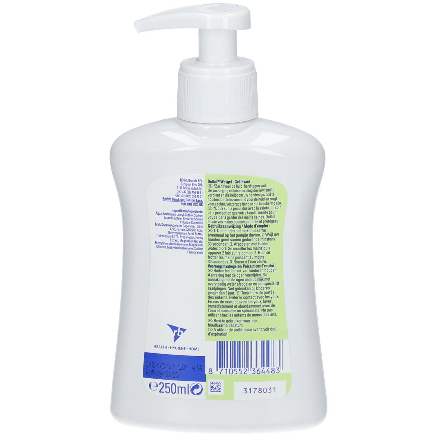 Witte dispenser met pomp. Etiket met tekst en barcode. Linksonder: 250 ml. Etiket met groene tekst.