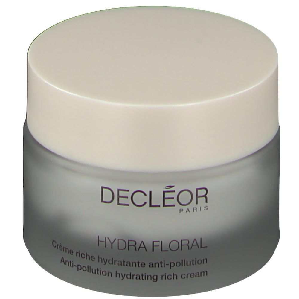Pot de crème avec couvercle. Inscription : DECLÉOR PARIS, HYDRA FLORAL. Texte anglais : Anti-pollution hydrating rich cream.