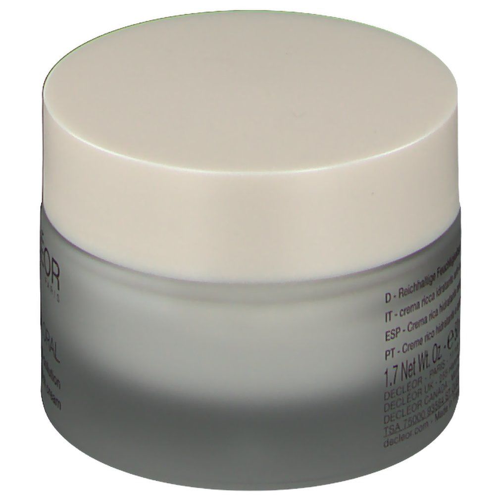 Pot de crème avec couvercle. Inscription : DECLÉOR. Texte : Crème riche hydratante, 1.7 Net Wt. Oz. e 50 ml.