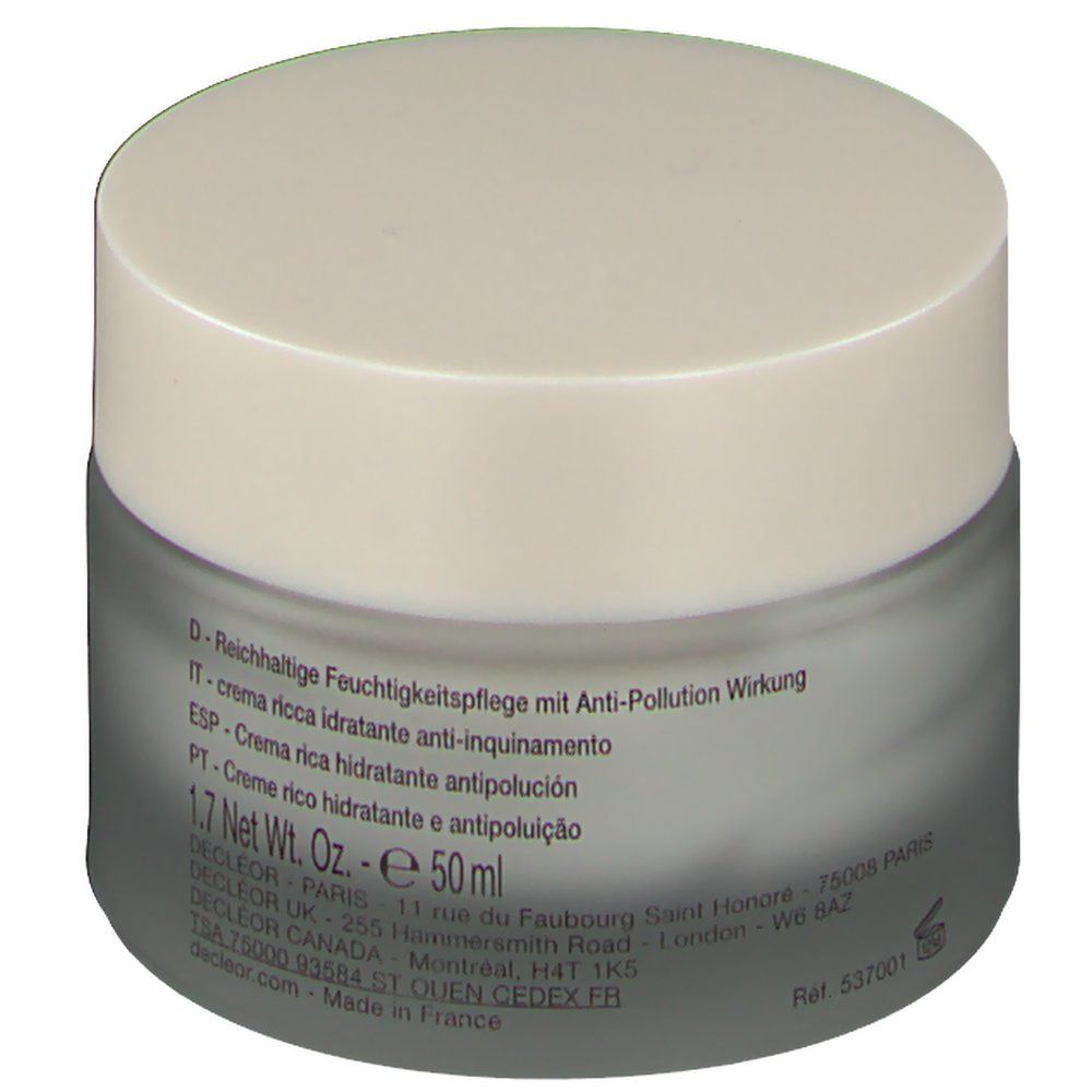 Pot de crème avec couvercle. Inscription : Crème riche hydratante anti-pollution. 1.7 Net Wt. Oz. e 50 ml.