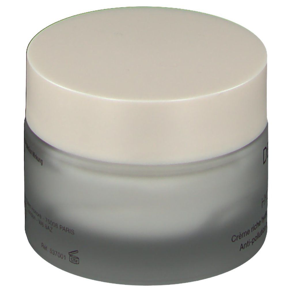 Pot de crème avec couvercle. Inscription : DECLÉOR. Texte : Crème riche hydratante anti-pollution.