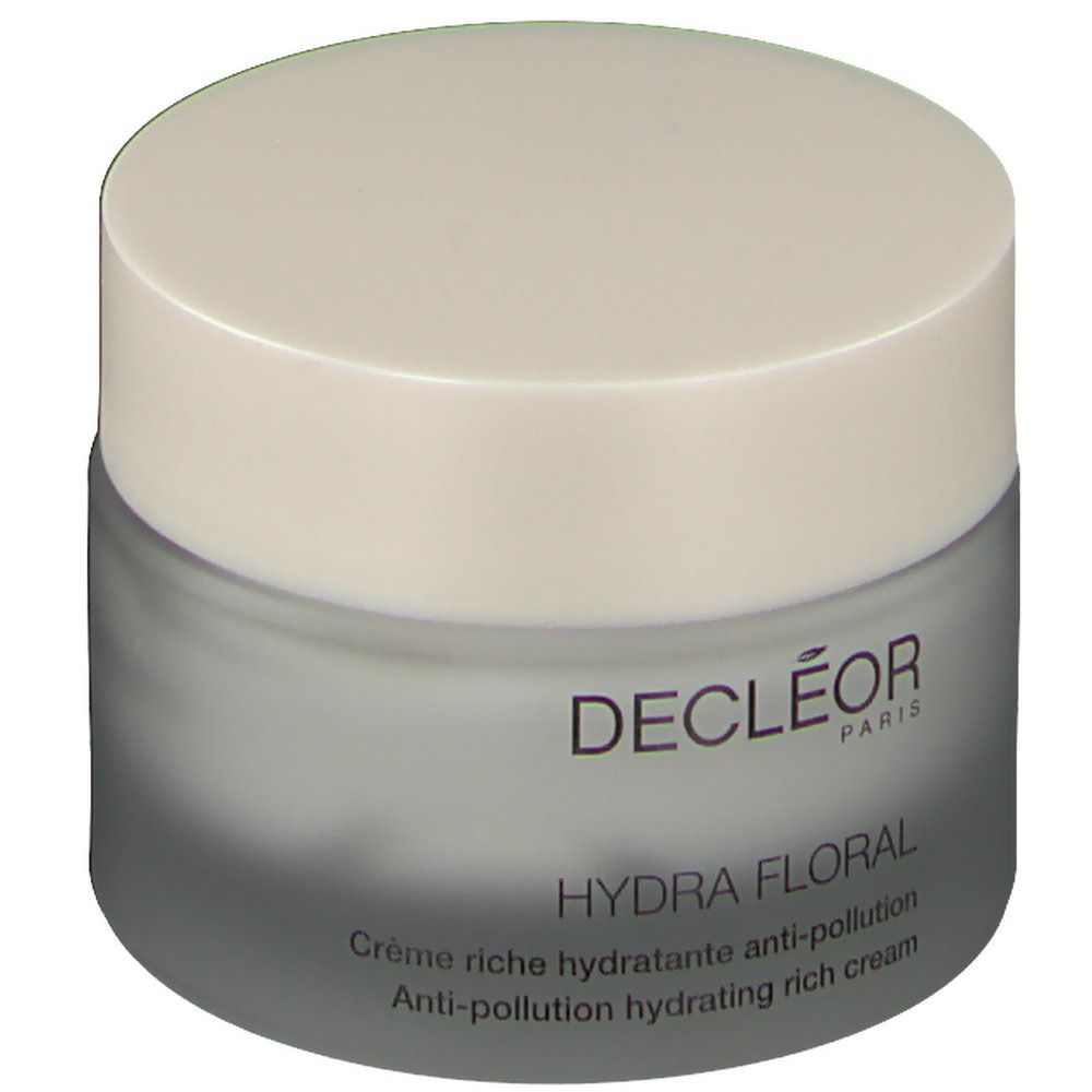 Pot de crème avec couvercle. Inscription : DECLÉOR PARIS, HYDRA FLORAL. Texte anglais : Anti-pollution hydrating rich cream.