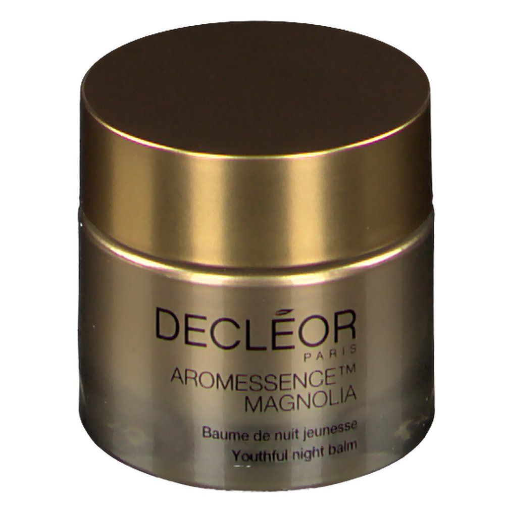 Ronde pot met gouden deksel. Opschrift: DECLÉOR PARIS, Aromessence Magnolia, Baume de nuit jeunesse, Youthful night balm.