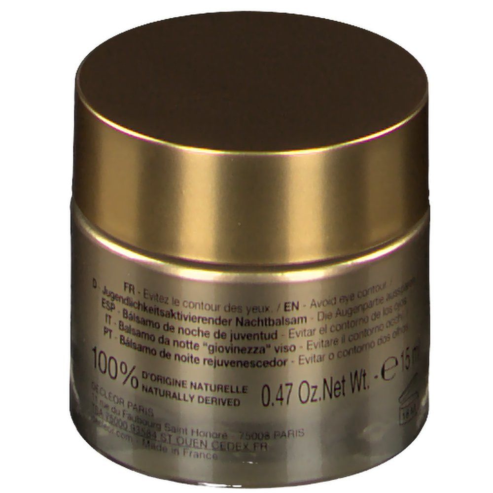Ronde pot met gouden deksel. Opschrift: 100% d'origine naturelle, 0.47 Oz Net Wt. - e15 ml. Tekst in meerdere talen.