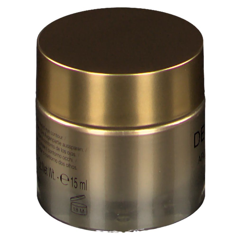 Ronde pot met gouden deksel. Opschrift: DECLÉOR PARIS. Tekst in meerdere talen op de achterkant. 15 ml.