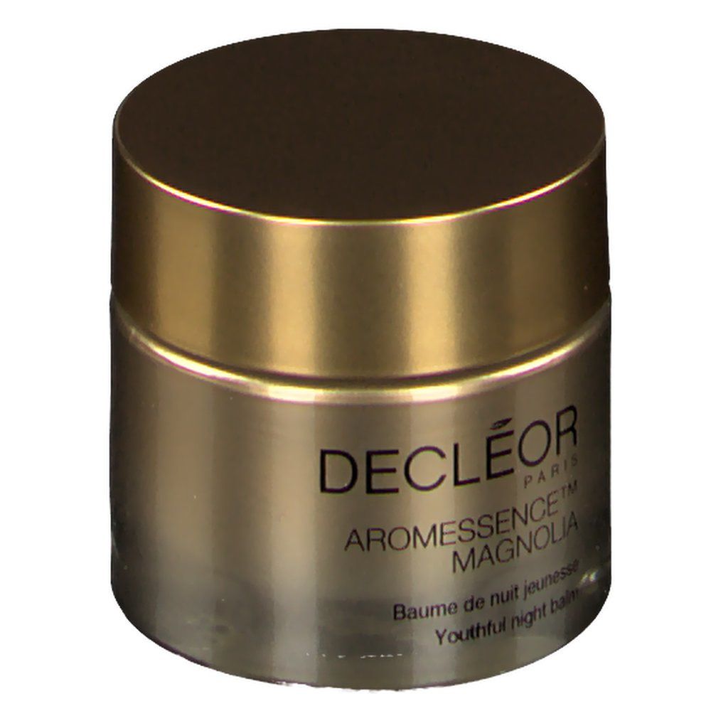 Ronde pot met gouden deksel. Opschrift: DECLÉOR PARIS, Aromessence Magnolia, Baume de nuit jeunesse, Youthful night balm.