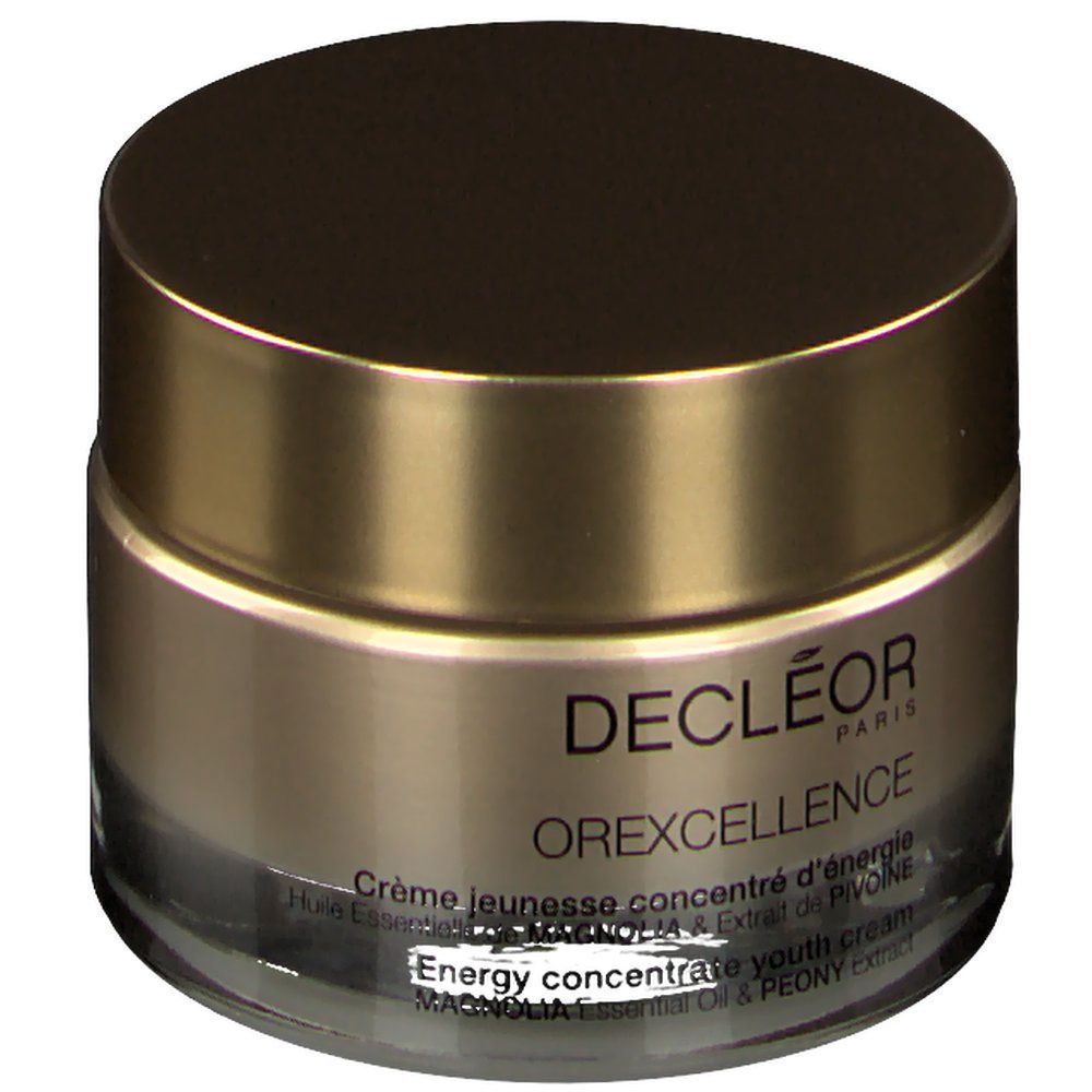 Pot de crème avec couvercle doré. Inscription : DECLÉOR PARIS, OREXCELLENCE. Texte : Crème jeunesse concentré d'énergie.