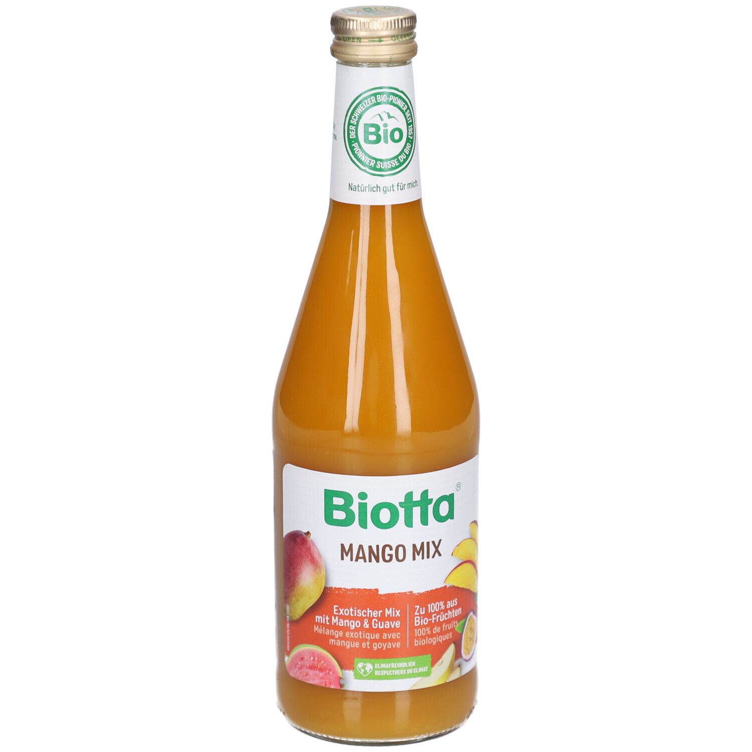 Glazen fles Mango Mix. Etiket met Biotta, afbeeldingen van mango en guave, bio-keurmerk.