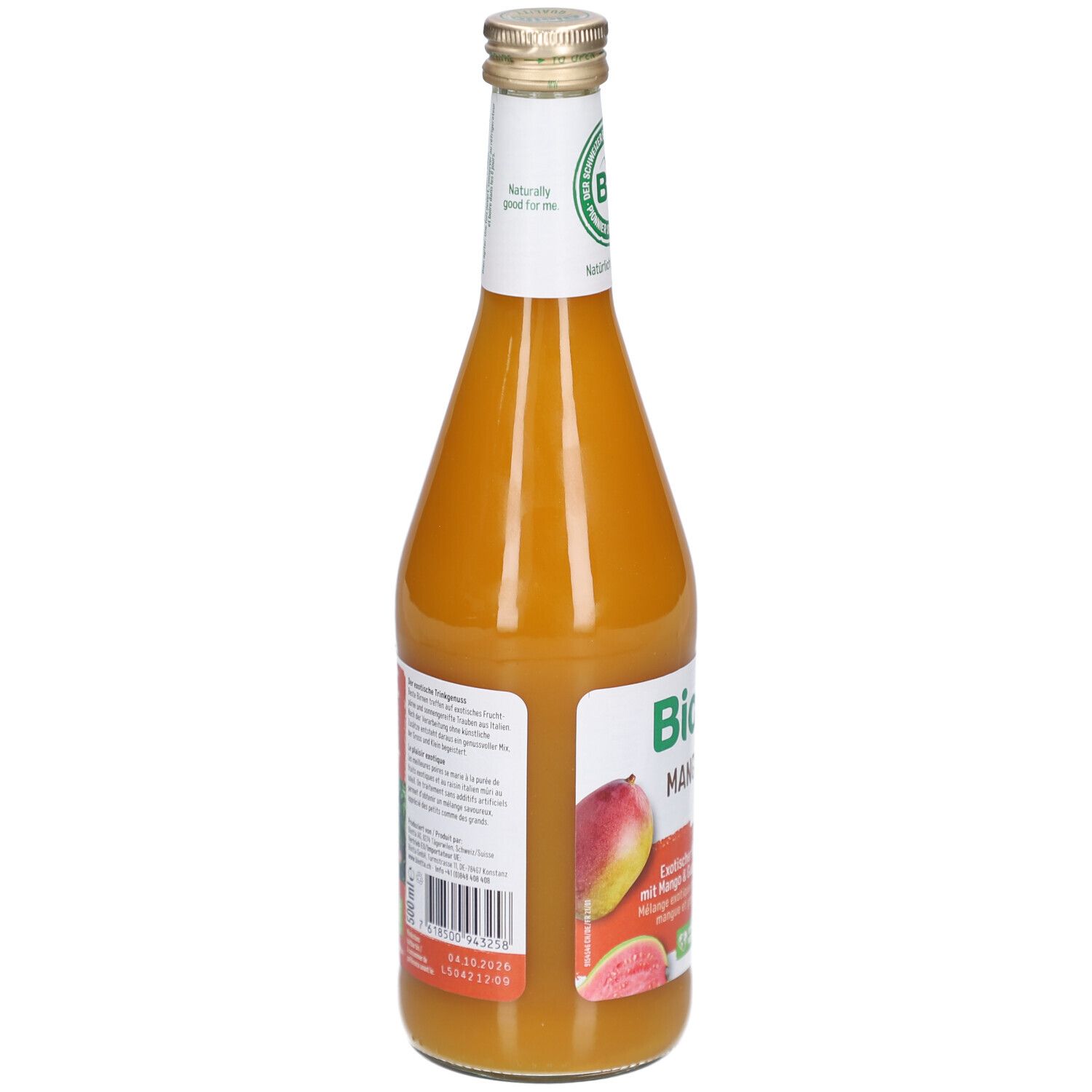 Achteraanzicht van de glazen fles Mango Mix. Etiket met productinformatie en barcode.