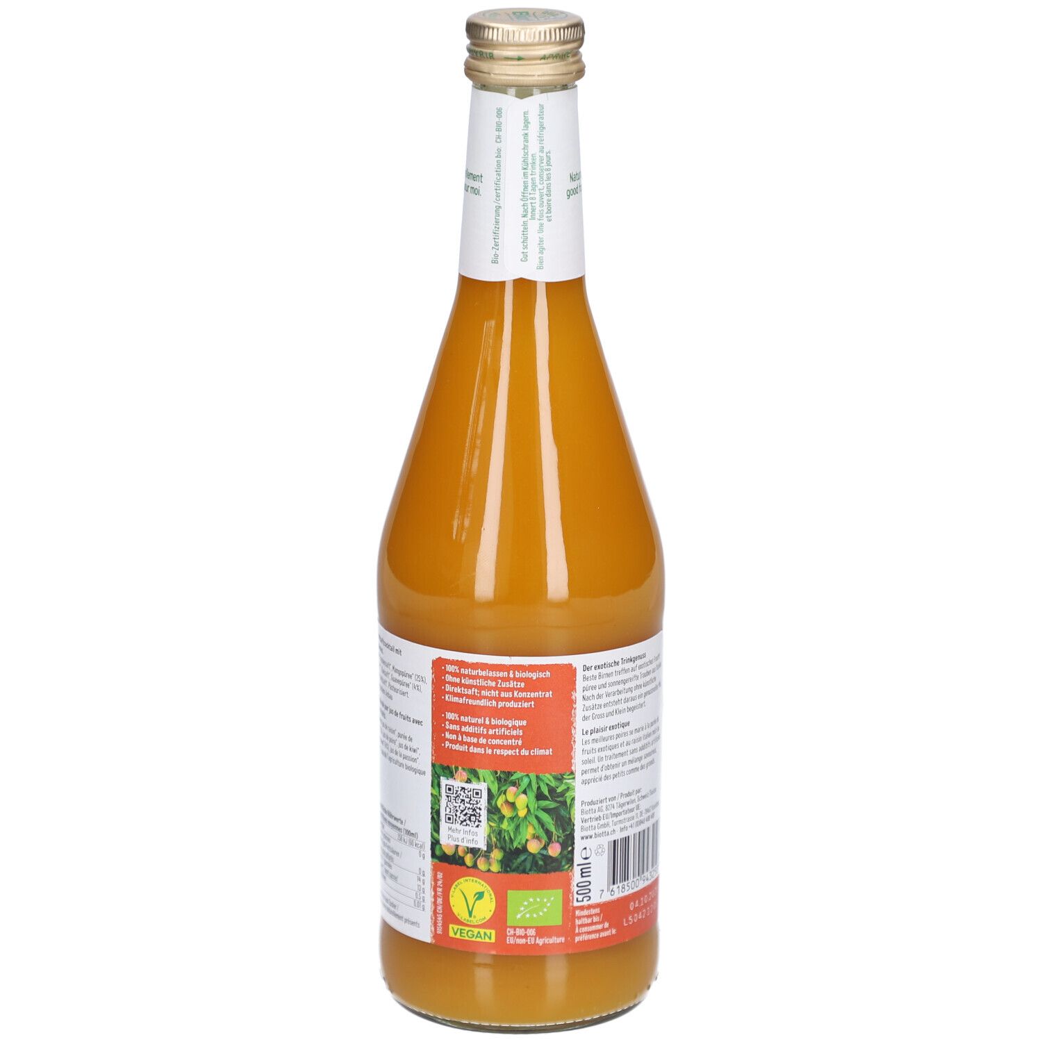 Achteraanzicht van de glazen fles Mango Mix. Etiket met productinfo, bio-keurmerk en vegan logo.