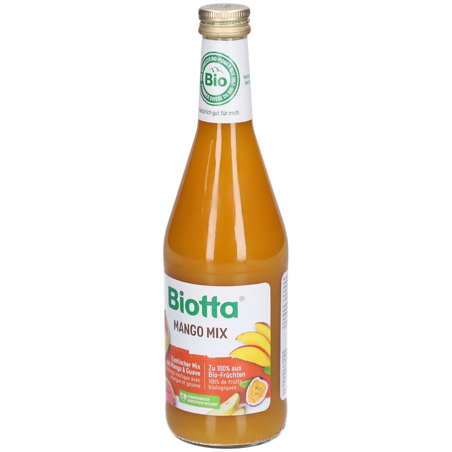 Glazen fles Mango Mix. Etiket met Biotta, afbeeldingen van mango en guave, bio-keurmerk.