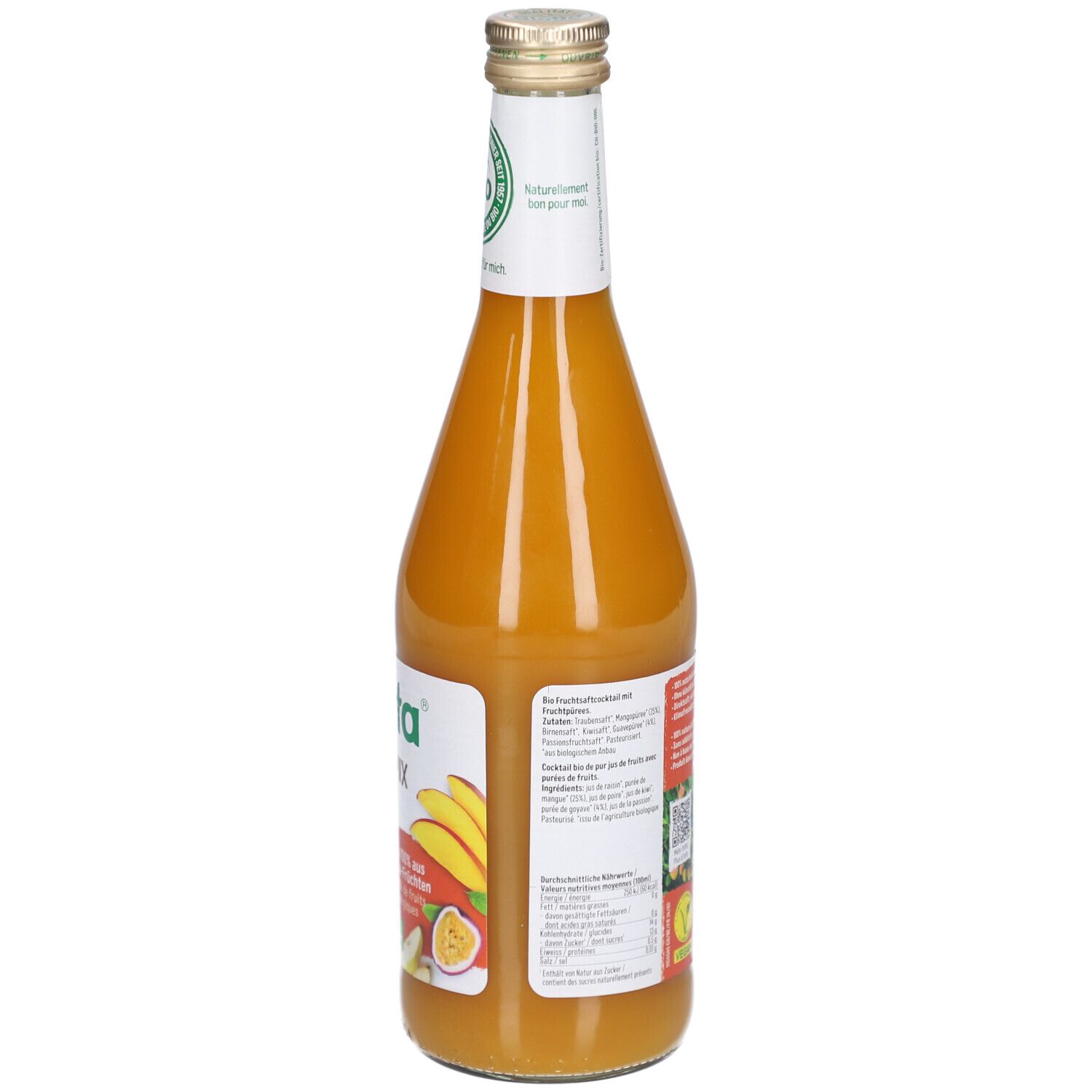 Glazen fles Mango Mix. Etiket met Biotta, afbeeldingen van mango en guave, bio-keurmerk.