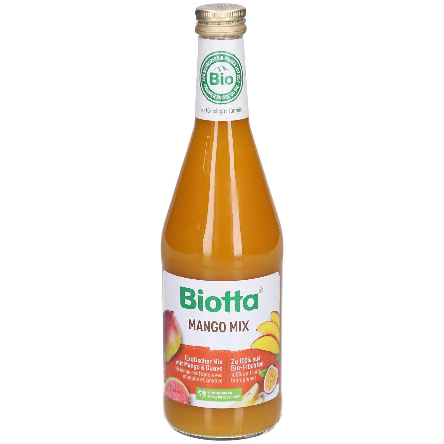 Glazen fles Mango Mix. Etiket met Biotta, afbeeldingen van mango en guave, bio-keurmerk.