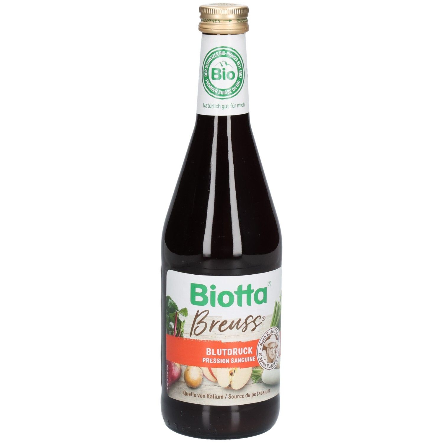 Glazen fles met donkerrode vloeistof. Etiket met "Biotta Breuss Blutdruck". Bio-keurmerk.