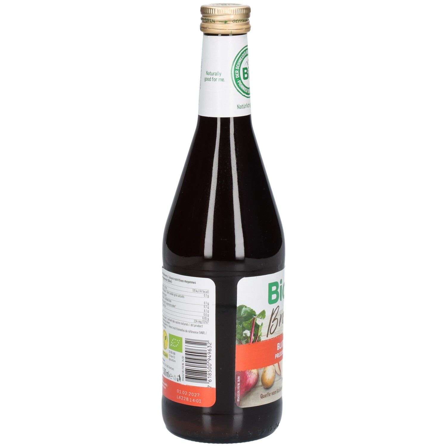 Achteraanzicht van de glazen fles met etiket. Bevat informatie over ingrediënten en voedingswaarde. Bio-keurmerk.