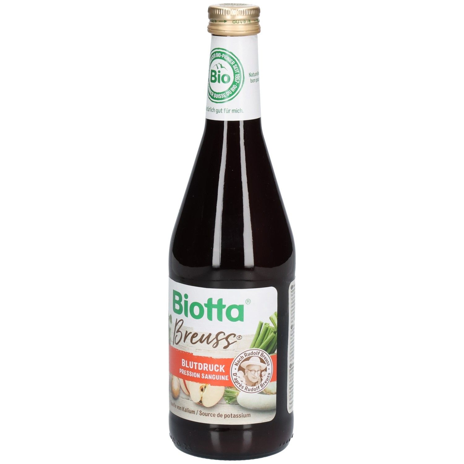 Glazen fles met donkerrode vloeistof. Etiket met "Biotta Breuss Blutdruck". Bio-keurmerk.